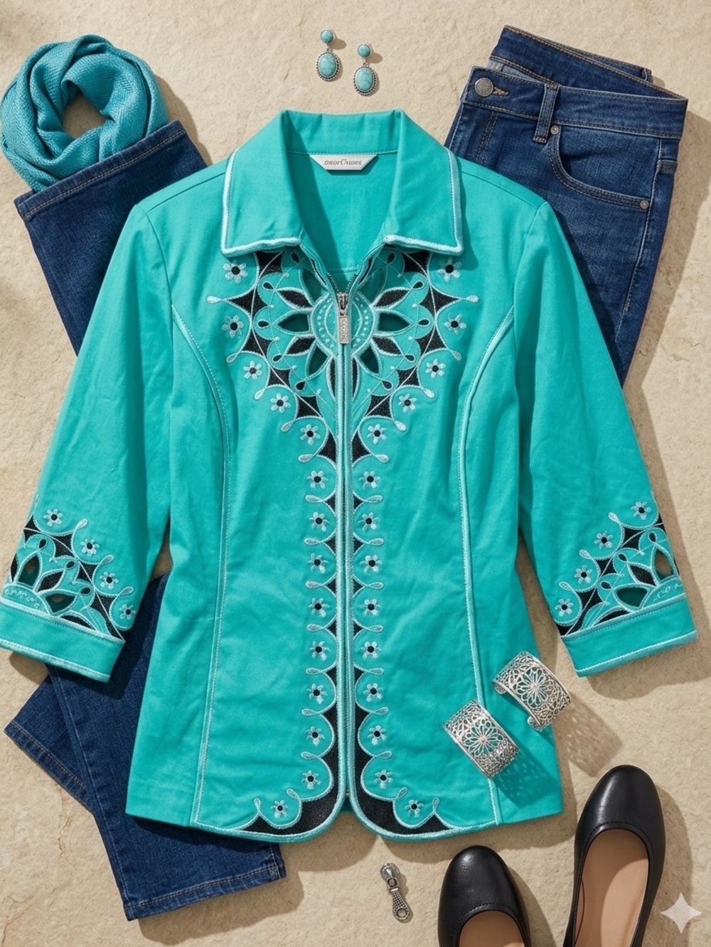Bob Mackie Cotton Wearable Art Teal Eyelet Embroidered Zip Jacket Maximalist S